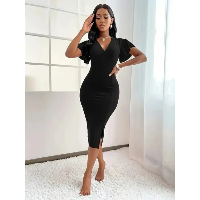 Kadın Kısa Kollu Derin Dekolte V Yakalı Yırtmaçlı Midi Janjan Krep Elbise