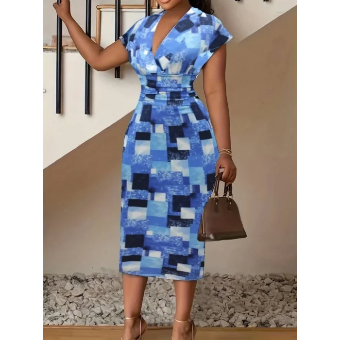 Kadın Kısa Kollu Derin V Yaka Dalgıç Midi Elbise