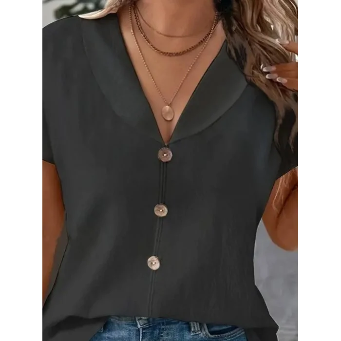 Kadın Kısa Kollu Derin V Yakalı Düğmeli Ithal Keten Bluz
