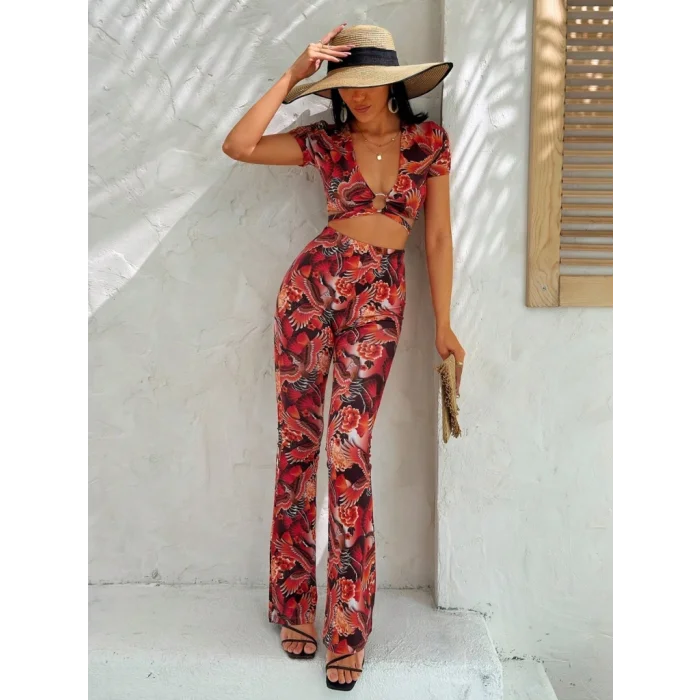 Kadın Kısa Kollu Desenli Takım