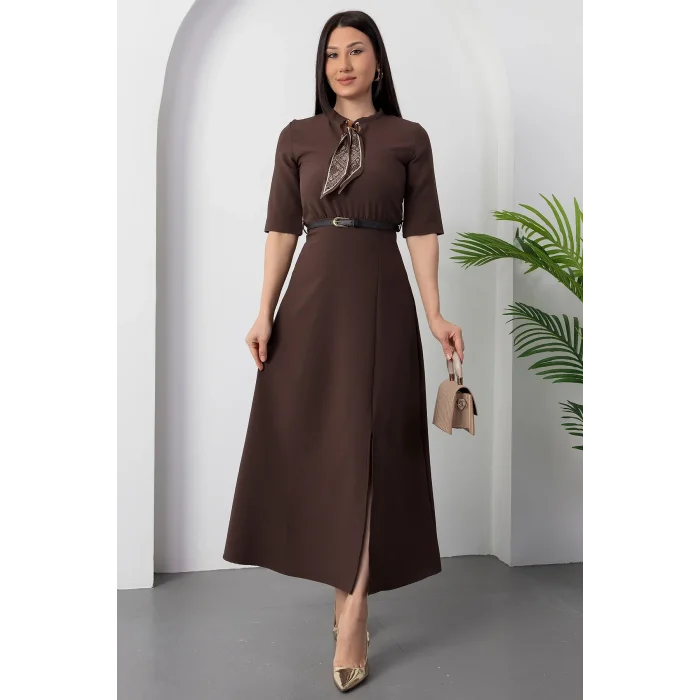 Kadın Kısa Kollu Fular Ve Kemer Detay önden Yırtmaçlı Maxi Boy Elbise