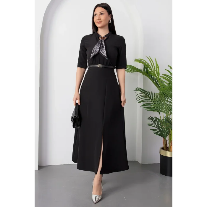 Kadın Kısa Kollu Fular Ve Kemer Detay önden Yırtmaçlı Maxi Boy Elbise