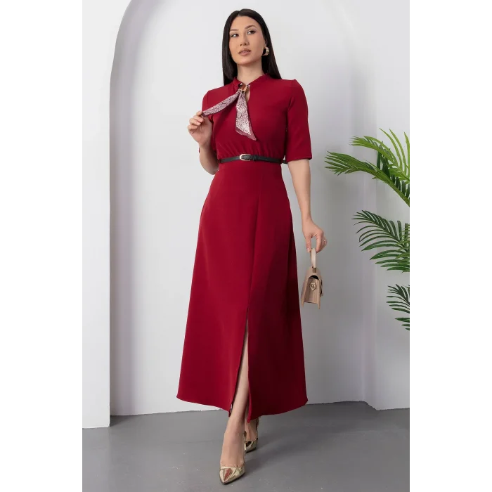 Kadın Kısa Kollu Fular Ve Kemer Detay önden Yırtmaçlı Maxi Boy Elbise