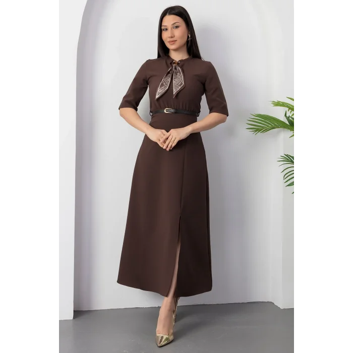 Kadın Kısa Kollu Fular Ve Kemer Detay önden Yırtmaçlı Maxi Boy Elbise