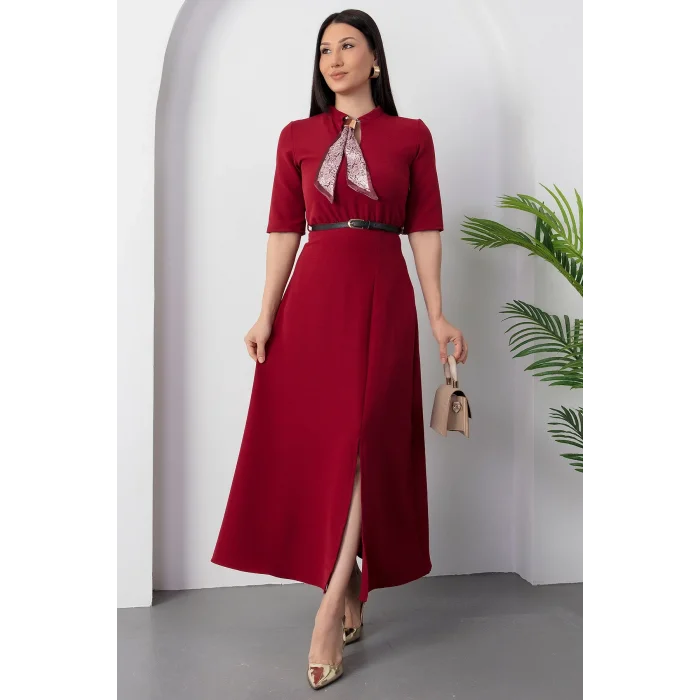 Kadın Kısa Kollu Fular Ve Kemer Detay önden Yırtmaçlı Maxi Boy Elbise