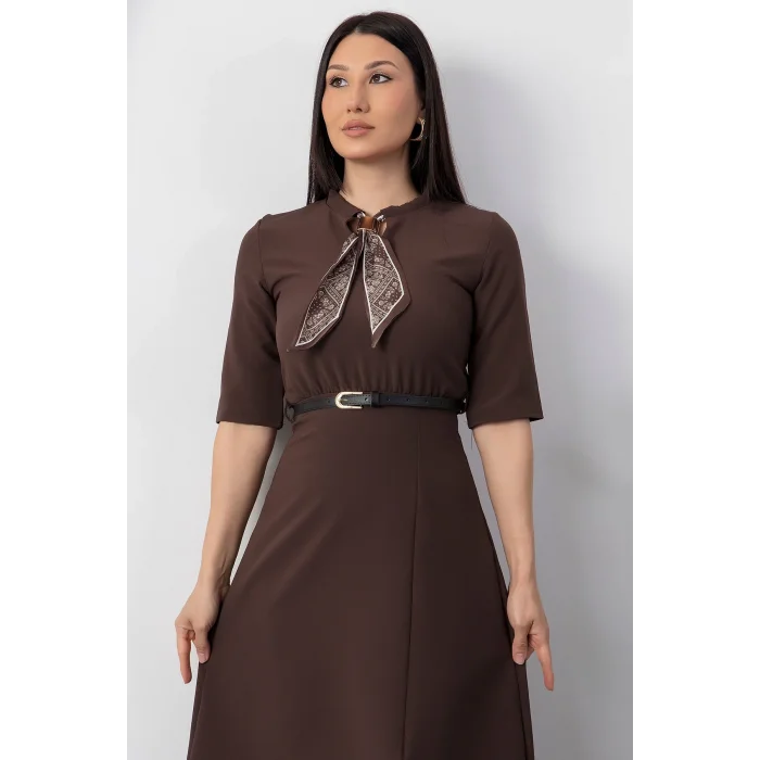 Kadın Kısa Kollu Fular Ve Kemer Detay önden Yırtmaçlı Maxi Boy Elbise