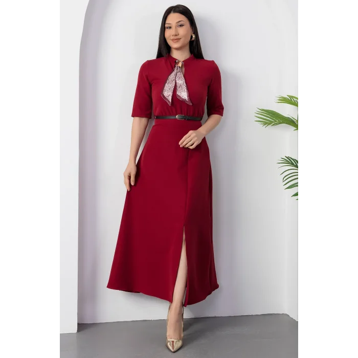 Kadın Kısa Kollu Fular Ve Kemer Detay önden Yırtmaçlı Maxi Boy Elbise