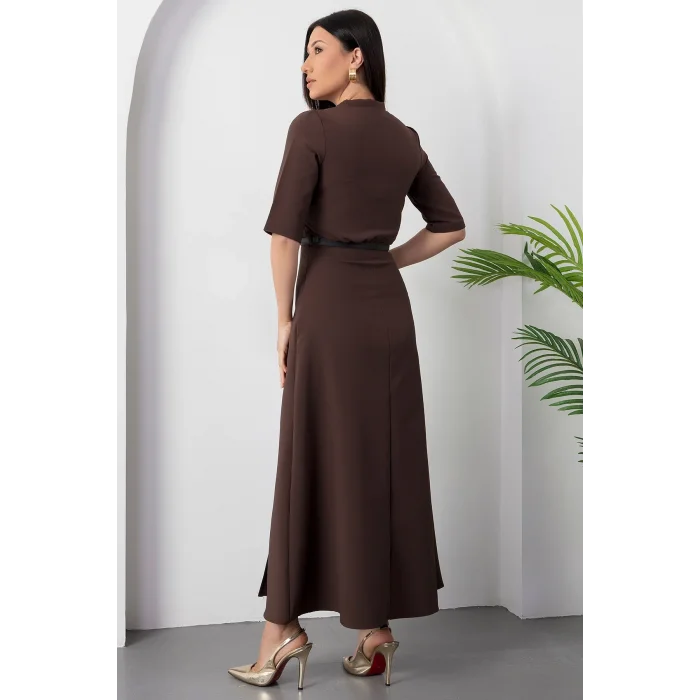 Kadın Kısa Kollu Fular Ve Kemer Detay önden Yırtmaçlı Maxi Boy Elbise