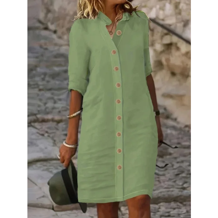 Kadın Kısa Kollu Hakim Yaka önden Düğmeli Kısa Müslim Elbise