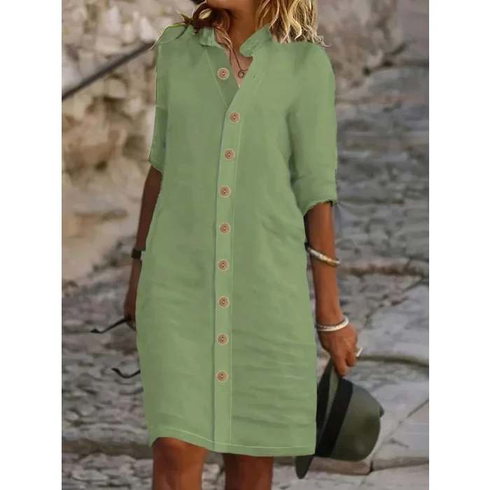 Kadın Kısa Kollu Hakim Yaka önden Düğmeli Kısa Müslim Elbise