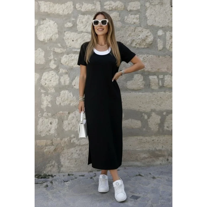 Kadın Kısa Kollu Içi Atlet Görünümlü Yandan Yırtmaçlı Uzun Viskon Elbise