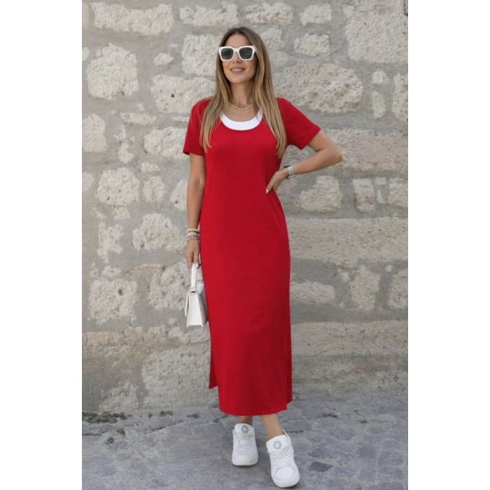 Kadın Kısa Kollu Içi Atlet Görünümlü Yandan Yırtmaçlı Uzun Viskon Elbise