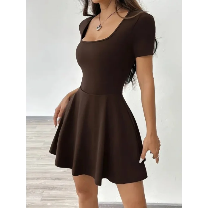 Kadın Kısa Kollu Kare Yaka Short Detaylı Cepli Dalgıç Elbise