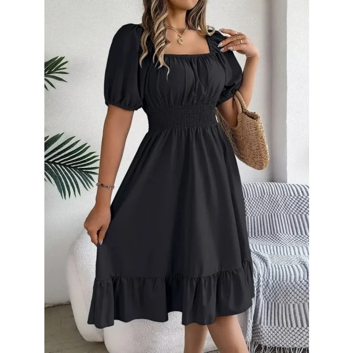 Kadın Kısa Kollu Kare Yakalı Beli Lastikli Kısa Trikoton Elbise