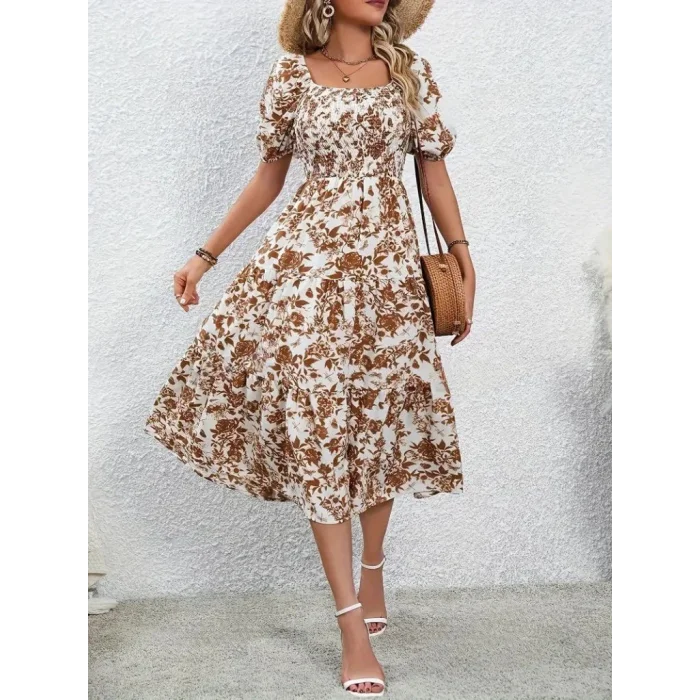 Kadın Kısa Kollu Kare Yakalı Lastikli Desenli Süprem Elbise