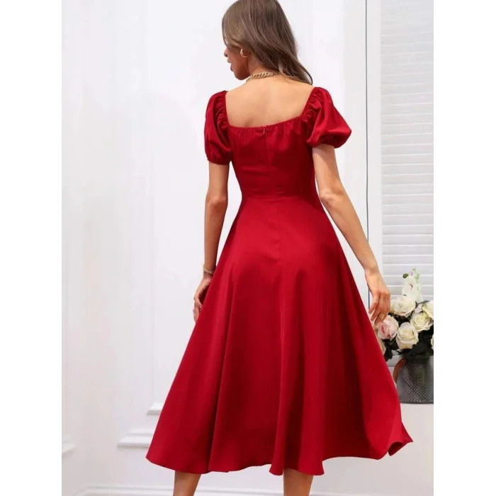 Kadın Kısa Kollu Kare Yakalı Yırtmaçlı Midi Janjan Krep Elbise