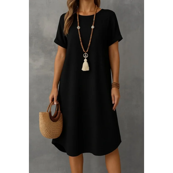 Kadın Kısa Kollu Kayık Yaka Bürümcük Elbise
