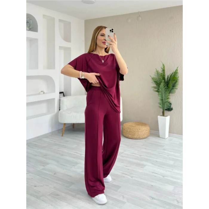 Kadın Kısa Kollu Kayık Yakalı Dikiş Izi Detaylı Viskon Iki Iplik Bluz Ve Pantolon Ikili Takım