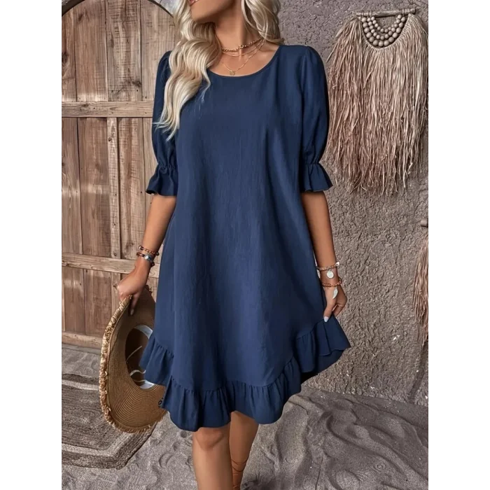 Kadın Kısa Kollu Kol Ve Eteği Volanlı Bisiklet Yaka Aerobin Elbise