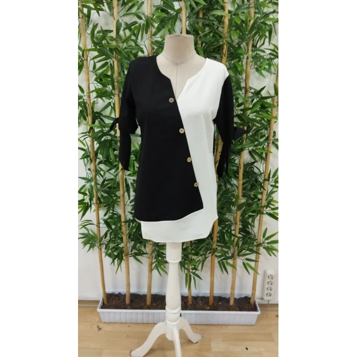 Kadın Kısa Kollu Kollardan Bağlamalı önden Asimetrik Kesim çift Renk Detaylı Düğmeli Ithal Krep Bluz