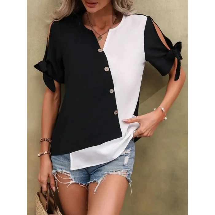 Kadın Kısa Kollu Kollardan Bağlamalı önden Asimetrik Kesim çift Renk Detaylı Düğmeli Ithal Krep Bluz