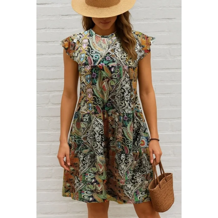 Kadın Kısa Kollu Kolları Fırfırlı Bisiklet Yakalı Kare Desenli Elbise