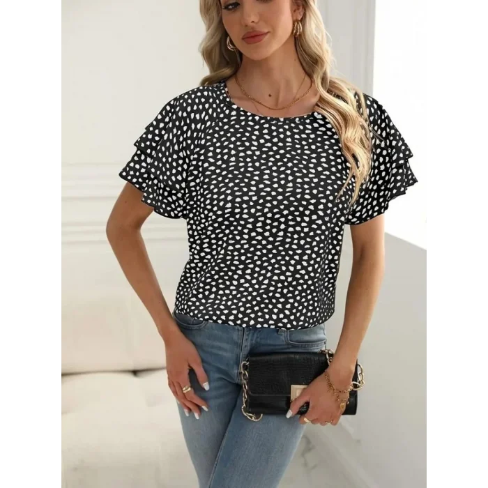 Kadın Kısa Kollu Kolları Volanlı Baskılı Süprem Bluz