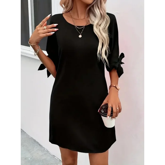 Kadın Kısa Kollu Kolu Bağlamalı Yakası Açık Janjan Elbise