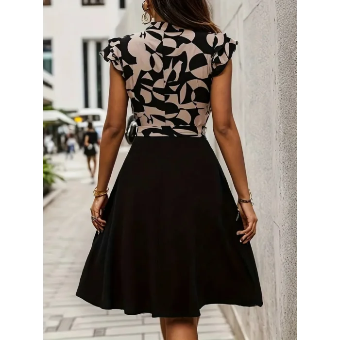 Kadın Kısa Kollu Kolu Fırfır Detay Mini Kuşaklı Kloş Krep Elbise