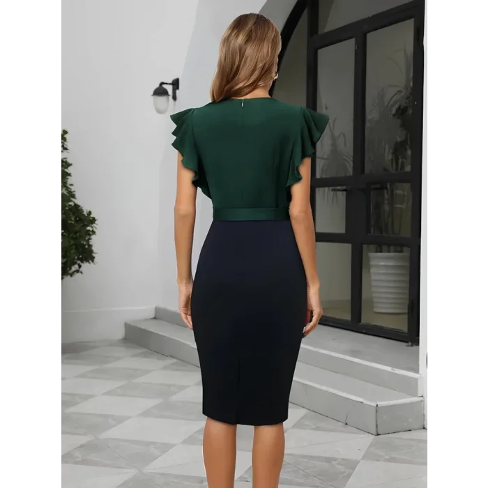 Kadın Kısa Kollu Kruvaze Yaka Beli Kuşaklı Blok Desenli Ithal Krep Elbise