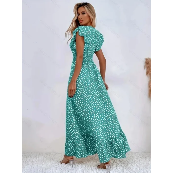 Kadın Kısa Kollu Kruvaze Yaka Beli Lastikli çiçek Desenli Elbise