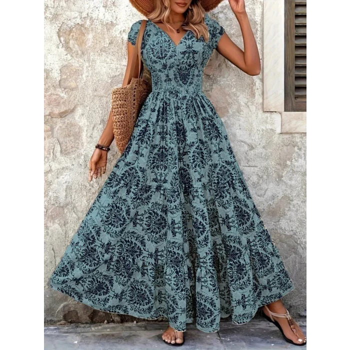 Kadın Kısa Kollu Kruvaze Yaka Beli Lastikli Süprem Maksi Boy Elbise