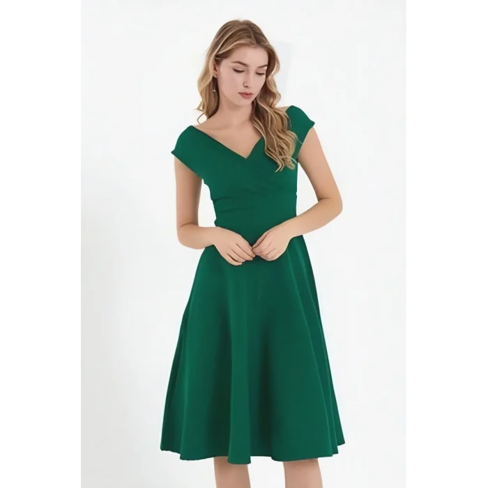 Kadın Kısa Kollu Kruvaze Yaka Eteği Volanlı Krep Elbise