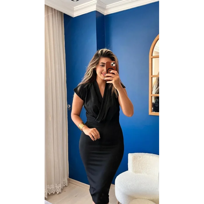 Kadın Kısa Kollu Kruvaze Yaka Krep Elbise (Kemersiz)