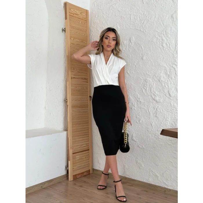 Kadın Kısa Kollu Kruvaze Yaka Krep Elbise (Kemersiz)