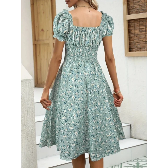 Kadın Kısa Kollu Kruvaze Yaka Lastikli Belden Gipeli çiçek Desenli Suprem Elbise