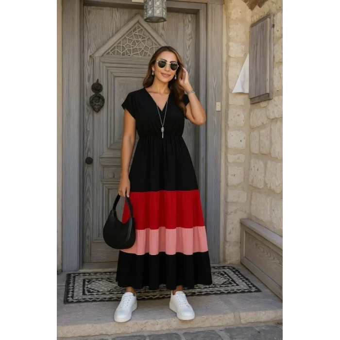 Kadın Kısa Kollu Kruvaze Yakalı çok Renkli Aerobin Elbise