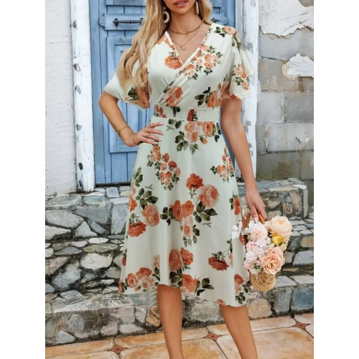 Kadın Kısa Kollu Kruvaze Yakalı Desenli Süprem Kısa Elbise