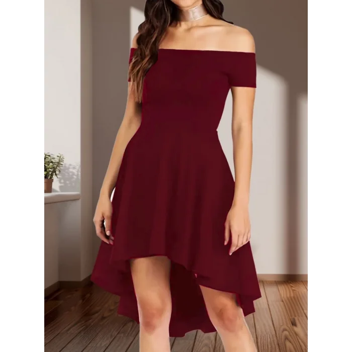 Kadın Kısa Kollu Madonna Yaka önü Kısa Arkası Uzun Ithal Krep Elbise