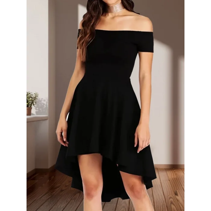 Kadın Kısa Kollu Madonna Yaka önü Kısa Arkası Uzun Ithal Krep Elbise