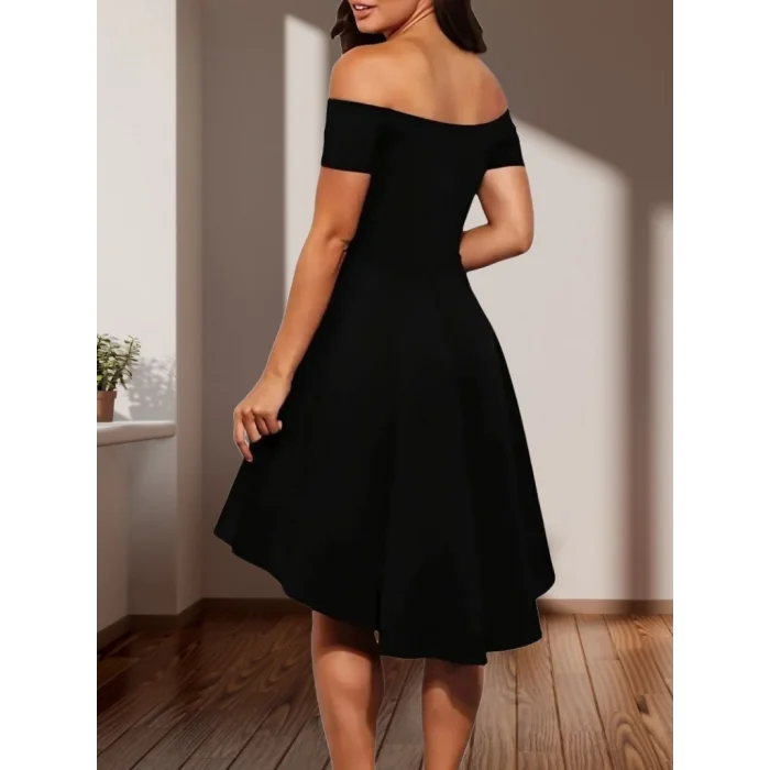 Kadın Kısa Kollu Madonna Yaka önü Kısa Arkası Uzun Ithal Krep Elbise