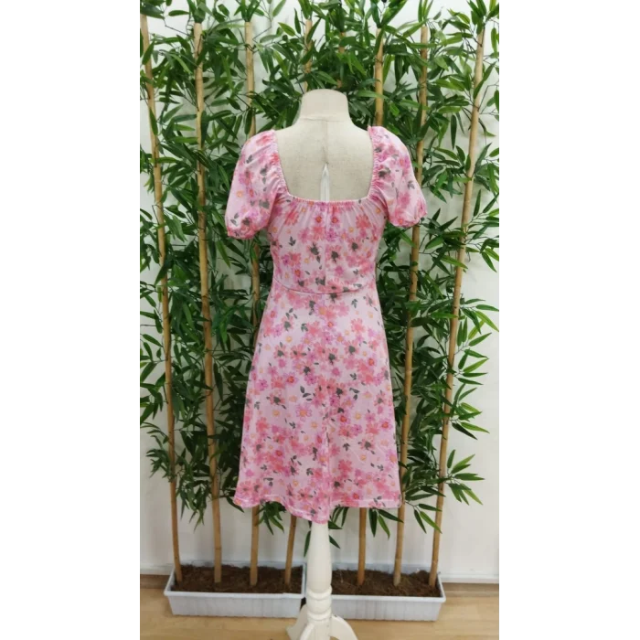 Kadın Kısa Kollu Mini çiçek Baskılı Bağcık Detay Süprem Midi Boy Elbise