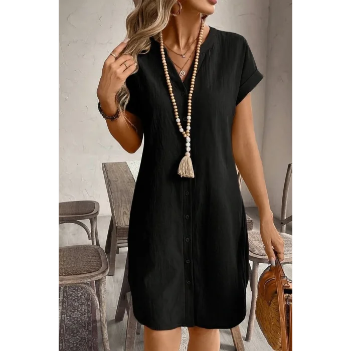 Kadın Kısa Kollu önden Düğmeli Ithal Keten Elbise