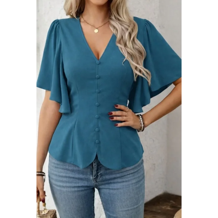 Kadın Kısa Kollu önden Düğmeli Ithal Krep Bluz
