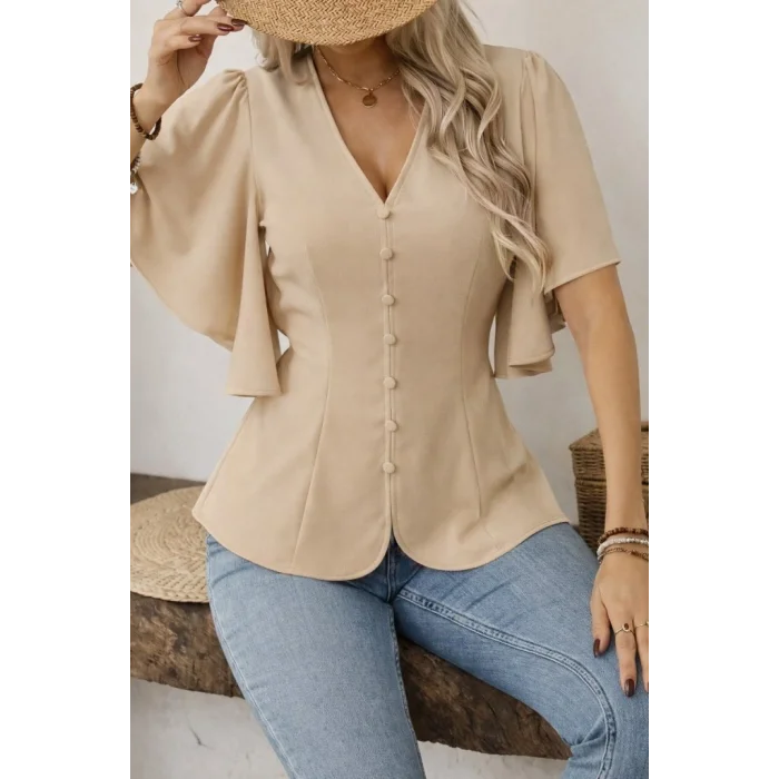 Kadın Kısa Kollu önden Düğmeli Ithal Krep Bluz