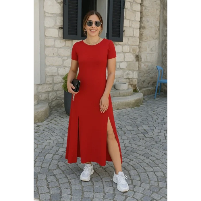 Kadın Kısa Kollu Sırt Dekolteli Yırtmaç Detaylı Viskon Elbise