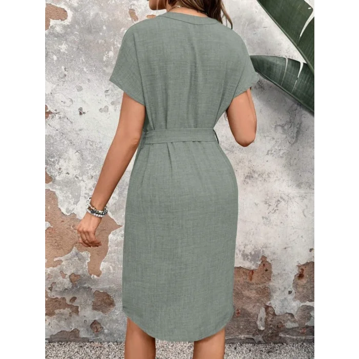 Kadın Kısa Kollu V Hakim Yaka Belden Kuşaklı Valencia Elbise
