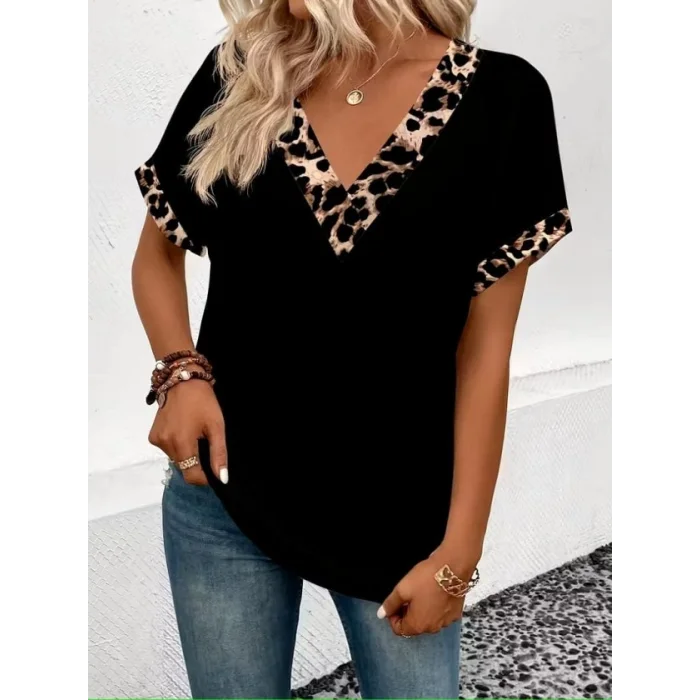 Kadın Kısa Kollu V Leopar Yakalı Viskon Bluz