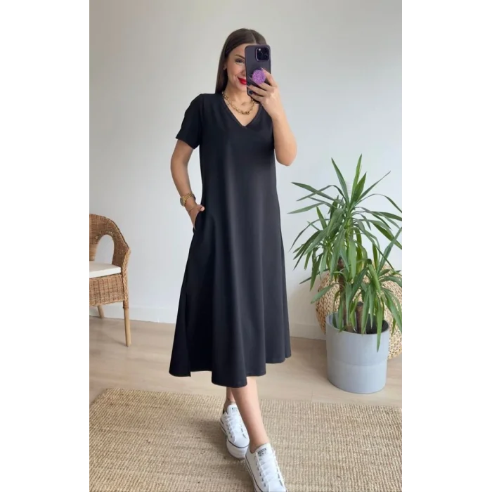 Kadın Kısa Kollu V Yaka Cepli A Kesim Detaylı Viskon Elbise