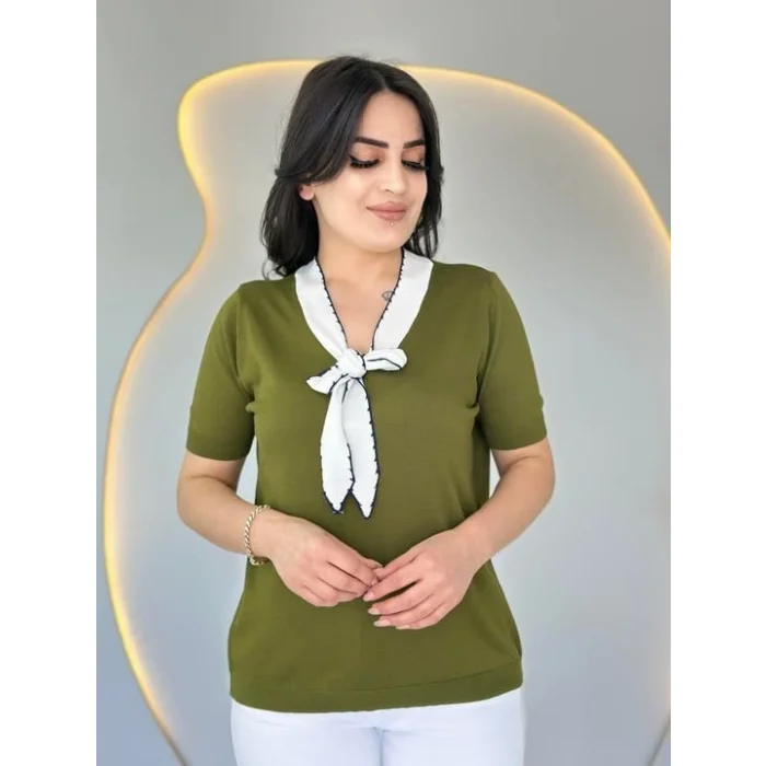 Kadın Kısa Kollu V Yaka Fular Detay Merserize Triko Bbluz